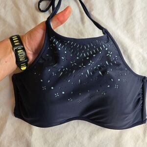 Ninety Six Degrees Halter Bikini Top Laser Cut Teal & Navy sz S